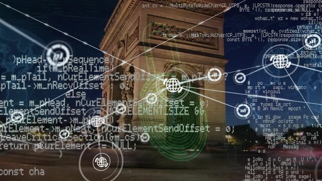 Animation of network and graph icons interconnecting and programming code over arc de triomphe