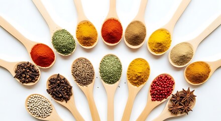An overhead shot of wooden spoons filled with various colorful spices on a white background surface