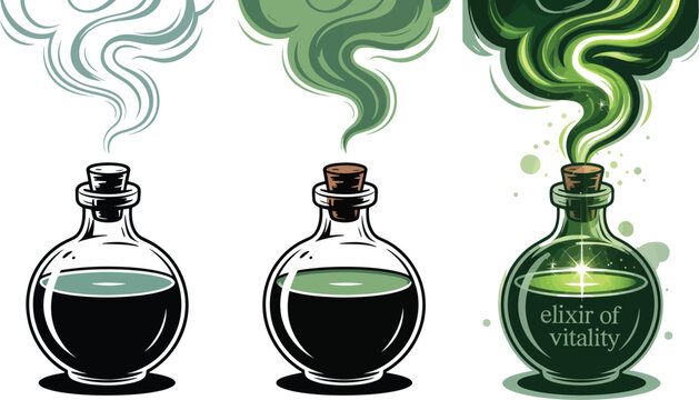 Three potion bottles with different colored smoke coming out