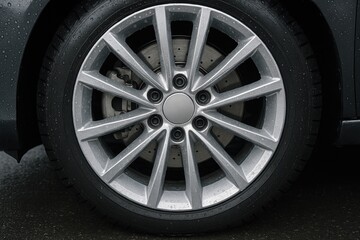 Fototapeta premium Moist automobile wheel and brake rotor
