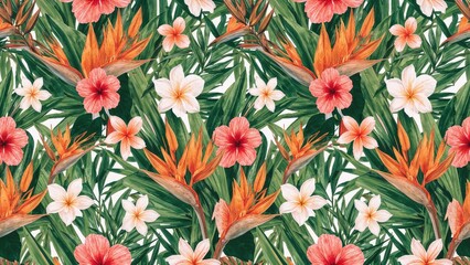 Vivid seamless motif displaying tropical flowers and foliage. High-grade elegant pattern. Fresh and distinctive botanical background.