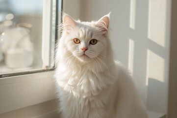 Sunlit white feline resting by the window