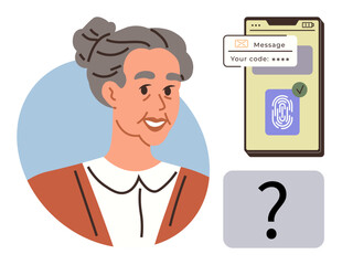 Elderly woman beside a smartphone displaying a fingerprint scan, verified text code, and a question mark. Ideal for technology, security, guidance, aging, support identity digital access. Simple