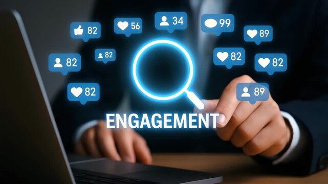 A close-up shot featuring a person using a laptop, surrounded by engagement icons, symbolizing social media interaction - Powered by Adobe