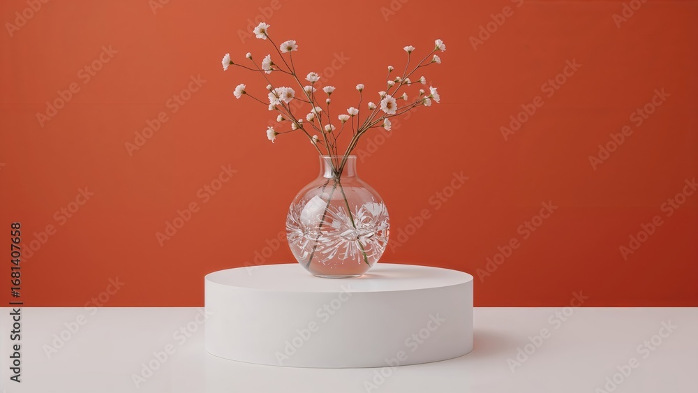 Poster clear glass container and white platform set on a white table in front of an orange background