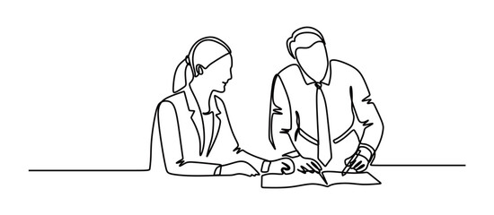 Continuous line art of a man and a woman in business suits discussing and writing in a book in front of them. The concept of working without a computer but using notes. Vector illustration