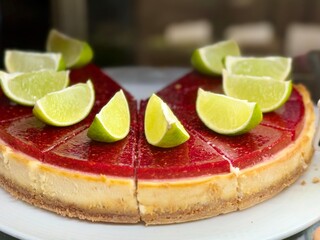 Close-up of sliced cheesecake topped with fresh lime wedges on a white plate, featuring a red fruit glaze and creamy texture, perfect for dessert or party presentation.