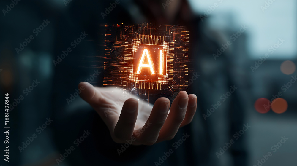 Poster ai technology in hand shows the power and reach of ai in modern technology. the concept of the futur
