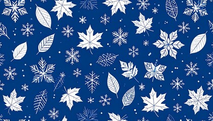 White snowflakes and leaves on a deep blue background; a seamless pattern