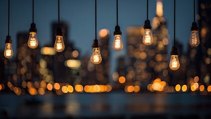 Vintage Edison bulbs illuminate a city skyline at twilight. Warm golden light from the bulbs contrasts with the blurred lights of the urban backdrop