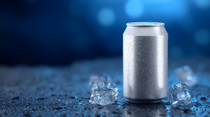 A close-up image of a silver aluminum beverage can on a dark, wet surface, with droplets of condensation and small chunks of ice surrounding it, creating a frosty, refreshing atmosphere.