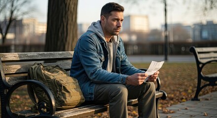 Obraz premium A man sitting on a park bench with a backpack, reading a piece of paper.