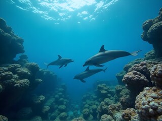 Fototapeta premium Dolphins Swimming Near Coral Reef, reef and diver