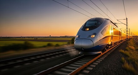 Naklejka premium A high-speed train traveling through a rural landscape at sunset.