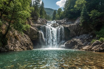 Fototapeta premium Water cascade surrounded by mountain ranges in the Caucasus region