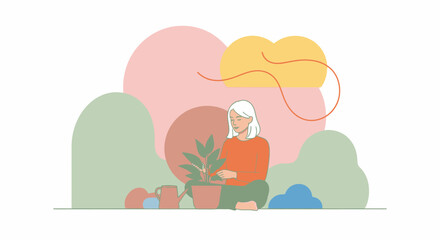 Modern Minimalist Illustration of a Woman Caring for a Houseplant in a Serene Indoor Garden Setting with Soft Pastel Backgrounds for Eco-Friendly Lifestyle, Wellness, and Home Decor Campaigns