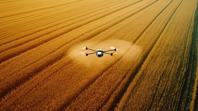 Drone sprayer flying over golden wheat field for smart farming and precision agriculture