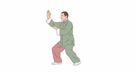 Naklejka premium Person Performing Traditional Martial Arts Pose in Green and Pink Attire, Demonstrating Discipline, Focus, and Cultural Heritage for Fitness, Wellness, and Cultural Education Content