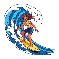 Surfing the Wave: A vibrant illustration captures a surfer girl gracefully riding a towering wave, embodying the thrill and adventure of the ocean.