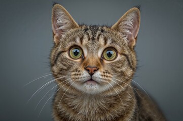 Fototapeta premium Surprised tabby cat with wide eyes, unsure of what to do, close-up shot.