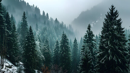 Fototapeta premium Forest scene with evergreen trees and misty mountain backdrop.