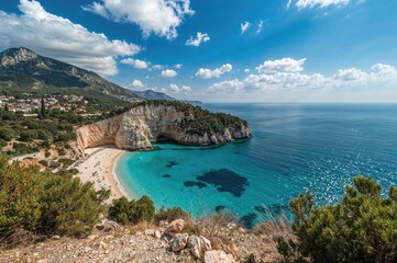 Scenic view of a renowned beach with golden sands on a popular island during summer.