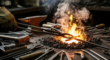 A blacksmith forges metal in a fiery forge surrounded by tools and an anvil