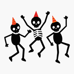 Three dancing skeletons wearing party hats celebrating