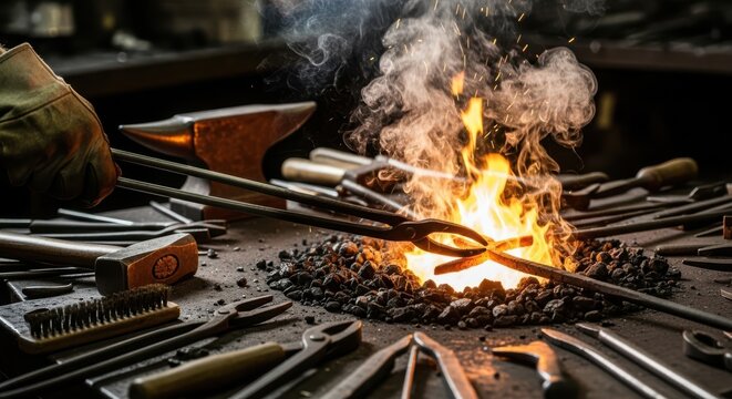 A blacksmith forges metal in a fiery forge surrounded by tools and an anvil