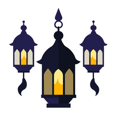 Three islamic lanterns with glowing flames
