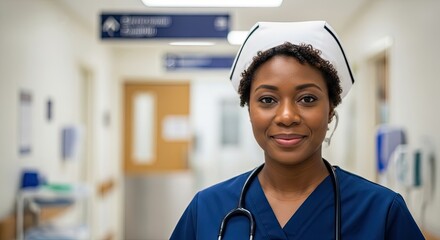 A nurse standing in a hospital corridor, wearing blue scrubs and a white cap, with a stethoscope around her neck.