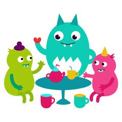 Three colorful monsters enjoying a tea party together