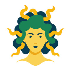 Stylized portrait of medusa with green and yellow hair