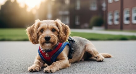 A small dog wearing a red and blue harness, lying on a paved surface with a blurred background of a building and trees.