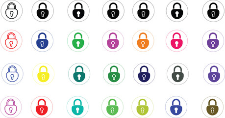 Lock icons set of every style and colour showing security and access control states