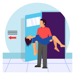 man carrying unconscious woman in his arms while stepping out doorway concept, action during crisis vector design, first aid people scene, Medical emergency banner, Saving Lives services illustration