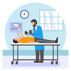 patient lying on hospital bed connected to monitoring equipment concept, intensive care treatment vector design, first aid people scene, Medical emergency footage Saving Lives service illustration