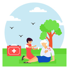 elderly person experiencing cardiac distress concept, aged woman with heart attack symptoms vector design, first aid people scene, Medical emergency banner, Saving Lives service illustration