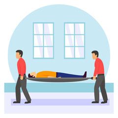 rescue team carrying roadside accident victim concept, how to lift and transfer injured patient vector design, first aid people scene, Medical emergency banner, Saving Live services illustration