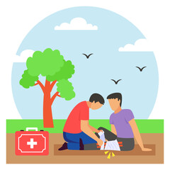 injured person receiving bandage Outdoors concept, person slip and fall got fractured Lower Limb vector design, first aid people scene,Medical emergency banner, Saving Lives service illustration