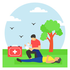 Paramedics wrapping sports woman injured foot concept, rescuer giving immediate care on spot vector design, first aid people scene, Medical emergency banner, Saving Lives services illustration