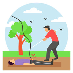 Rescue Technique for Victim of Downed Power Line concept, Electrical Hazard during rainstorm vector design, first aid people scene, Medical emergency banner, Saving Lives services illustration