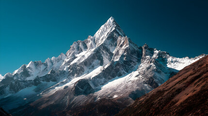 Obraz premium A snow-capped mountain peak rises against a clear blue sky.