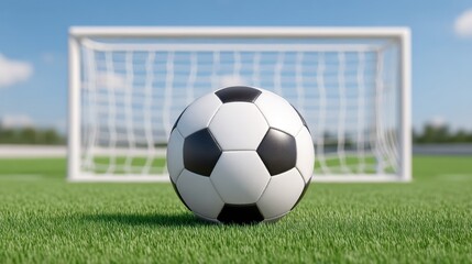 Close-Up of a Traditional Black and White Soccer Ball on Green Grass in Front of a Goal Post Under a Clear Blue Sky in a Sports Field