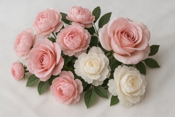 Obraz premium Beautiful faux flowers featuring pink and white hues displayed against a white cloth background