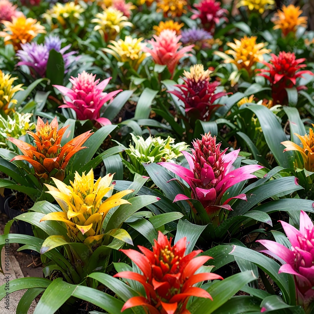 Poster vibrant display of bromeliads in various hues, showcasing a rich array of colors and textures.