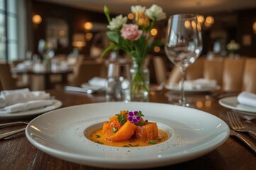 Gourmet vegetarian dish featuring caramelized squash in an upscale dining setting