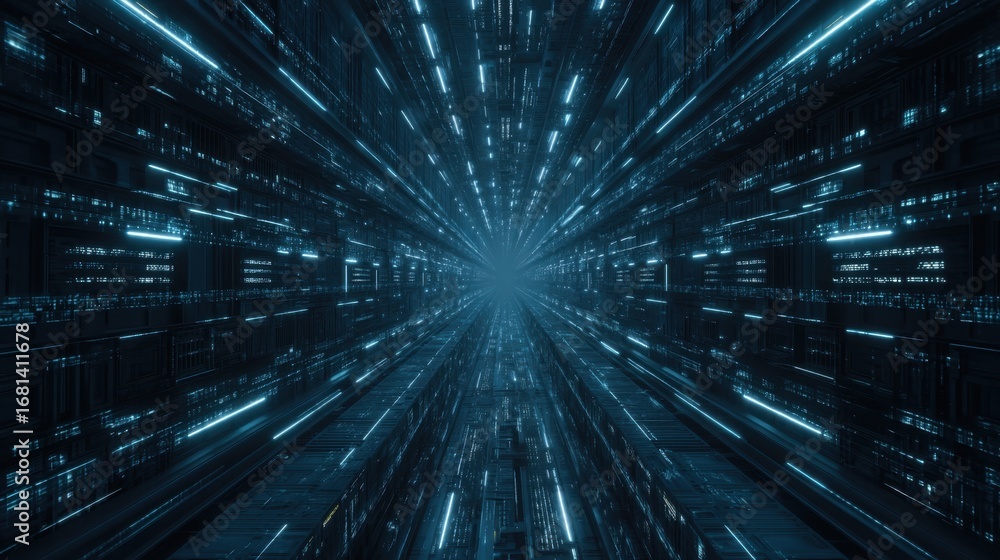 Poster futuristic tunnel with radiant blue lights and abstract digital structures creating a sense of speed
