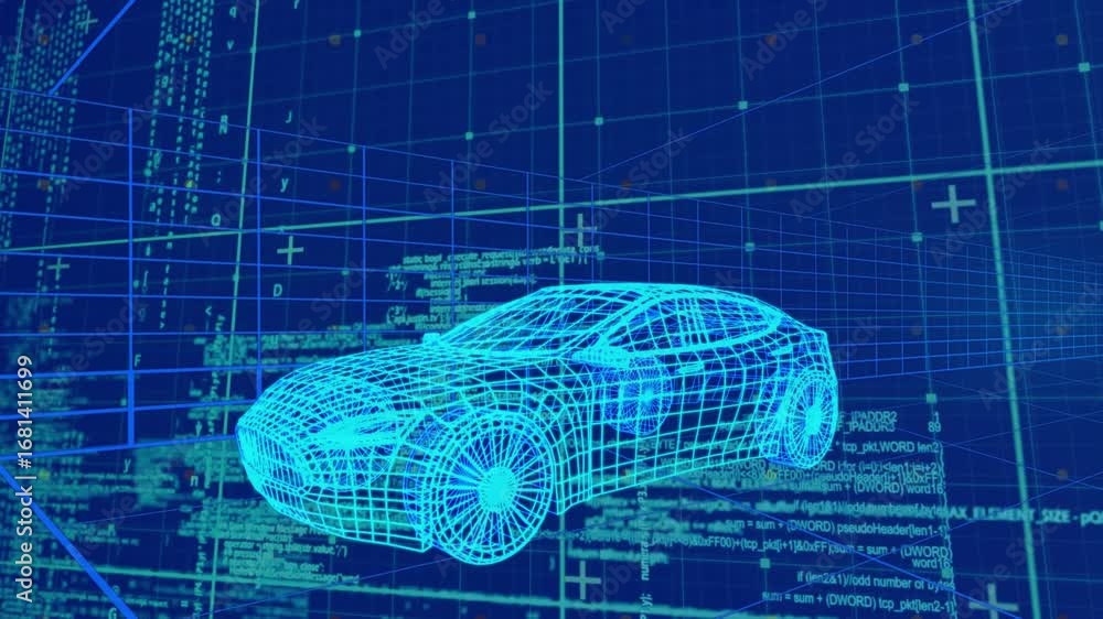 Poster animation of 3d car drawing driving over data processing and grid