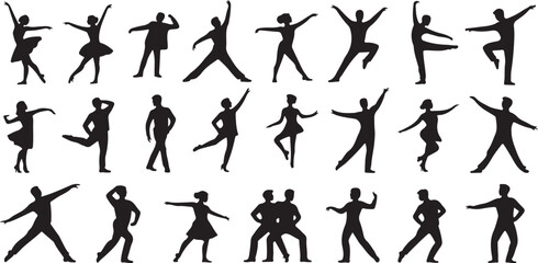 Diverse group of male and female dancers in various ballet poses and modern dance movements silhouette